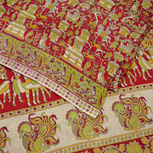 Indian Vintage Sari Red Pure Cotton Kalamkari Sarees 5Yd Craft Fabric Sewing Soft Peacock Ethnic Quilting Upcycle Sarong Used Dress Making
