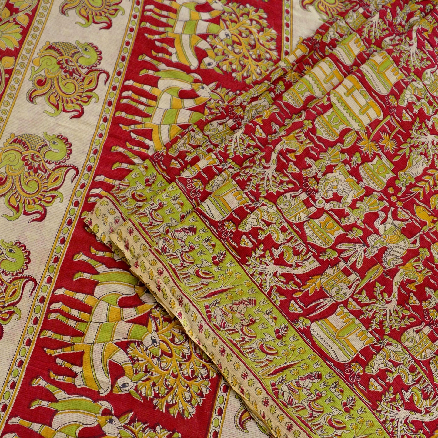 Indian Vintage Sari Red Pure Cotton Kalamkari Sarees 5Yd Craft Fabric Sewing Soft Peacock Ethnic Quilting Upcycle Sarong Used Dress Making