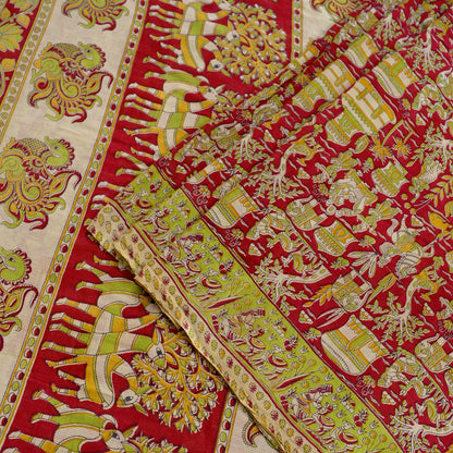 Indian Vintage Sari Red Pure Cotton Kalamkari Sarees 5Yd Craft Fabric Sewing Soft Peacock Ethnic Quilting Upcycle Sarong Used Dress Making