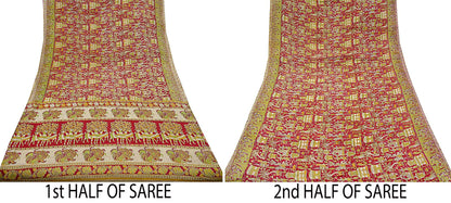 Indian Vintage Sari Red Pure Cotton Kalamkari Sarees 5Yd Craft Fabric Sewing Soft Peacock Ethnic Quilting Upcycle Sarong Used Dress Making