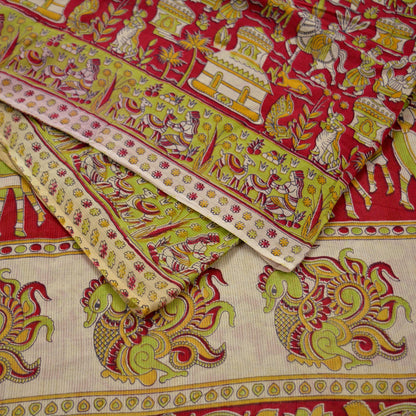 Indian Vintage Sari Red Pure Cotton Kalamkari Sarees 5Yd Craft Fabric Sewing Soft Peacock Ethnic Quilting Upcycle Sarong Used Dress Making
