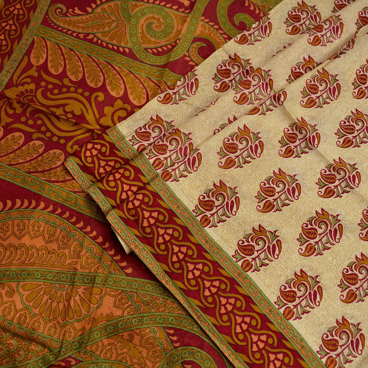 Indian Vintage Sari Red & Beige 100% Pure Silk Printed Sarees 5yd Craft Fabric Sewing Soft Dress Making Paisley Quilting Upcycle Crafting