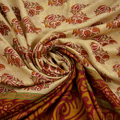 Indian Vintage Sari Red & Beige 100% Pure Silk Printed Sarees 5yd Craft Fabric Sewing Soft Dress Making Paisley Quilting Upcycle Crafting