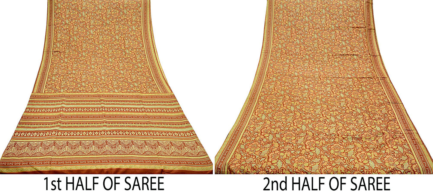 Indian Vintage Sari Rusty Orange 100% Pure Silk Printed Sarees 5yd Craft Fabric Sewing Soft Dress Making Floral Quilting Upcycle Crafting