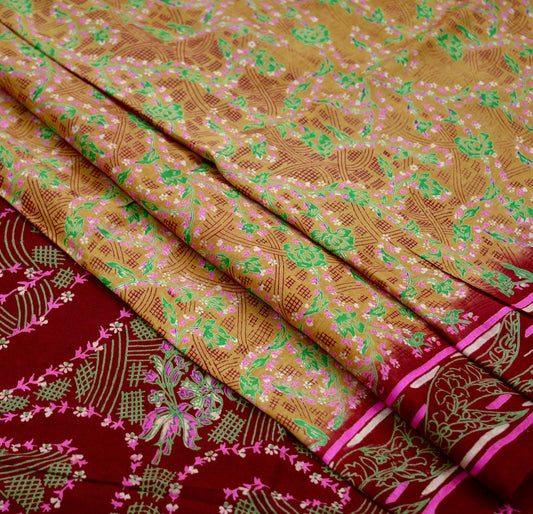 Indian Vintage Sari Beige & Maroon 100% Pure Silk Printed Sarees Craft Fabric 6yd Sewing  Dress Making Soft Floral Upcycle Quilting Crating