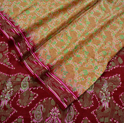 Indian Vintage Sari Beige & Maroon 100% Pure Silk Printed Sarees Craft Fabric 6yd Sewing  Dress Making Soft Floral Upcycle Quilting Crating