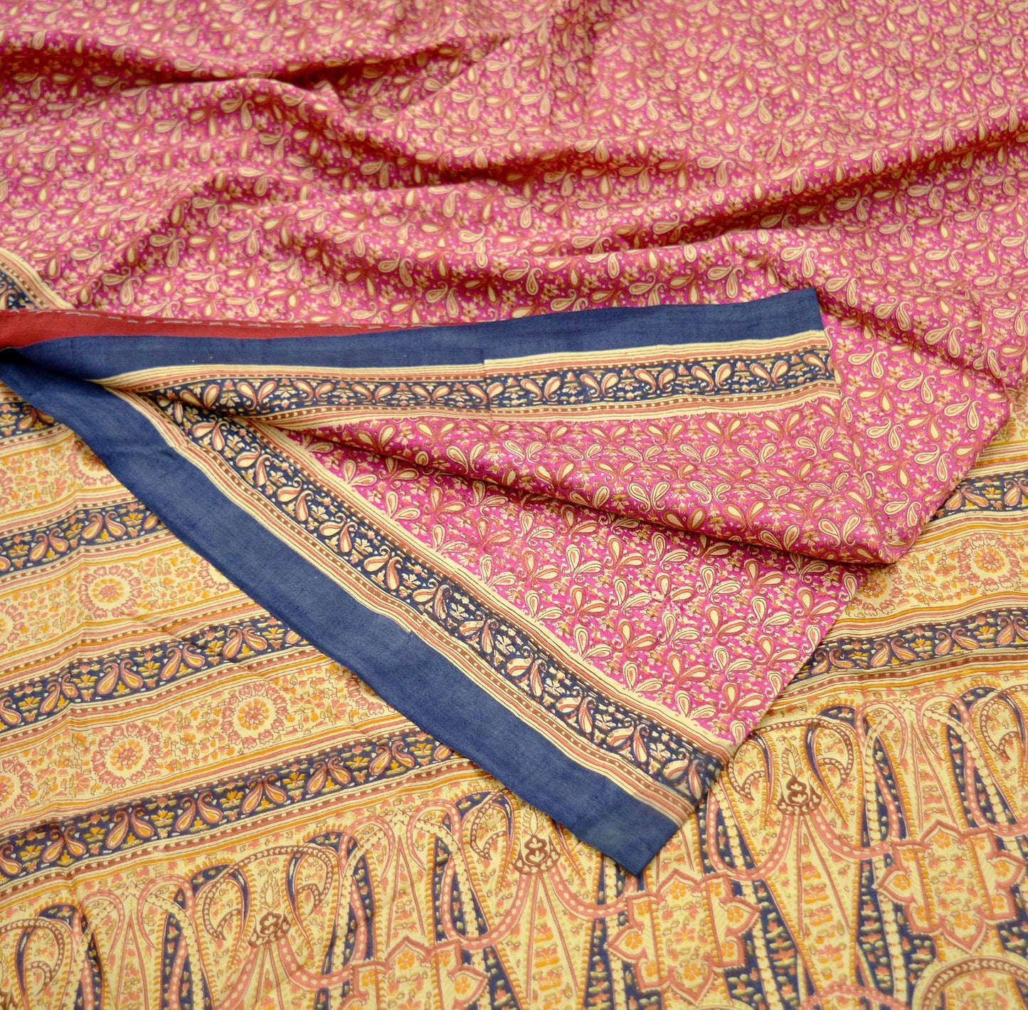 Indian Vintage Sari Pink & Beige Pure Silk Printed Sarees 6yd Sewing Craft Fabric Dress Making Soft Floral Paisley Upcycle Quilting Crafting