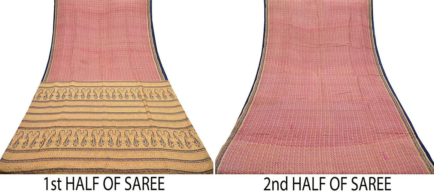 Indian Vintage Sari Pink & Beige Pure Silk Printed Sarees 6yd Sewing Craft Fabric Dress Making Soft Floral Paisley Upcycle Quilting Crafting