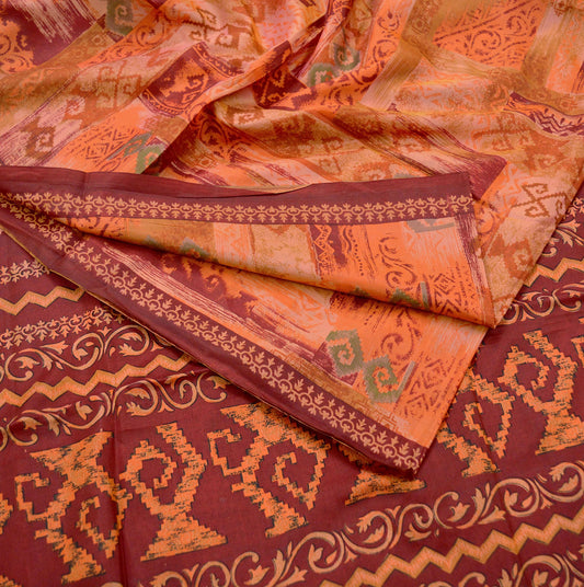 Indian Vintage Sari Orange & Maroon Pure Silk Printed Sarees 5yd Sewing Craft Fabric Dress Making Soft Decor Quilting Crafting Upcycle used