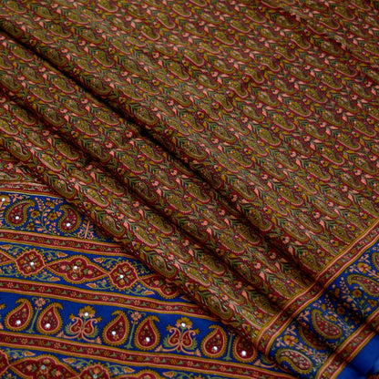 Indian Vintage Sari Blue & Maroon Pure Crepe Silk Printed Sarees 5yd Sewing Craft Fabric Paisley Soft Ethnic Quilting Crafting Upcycle Used