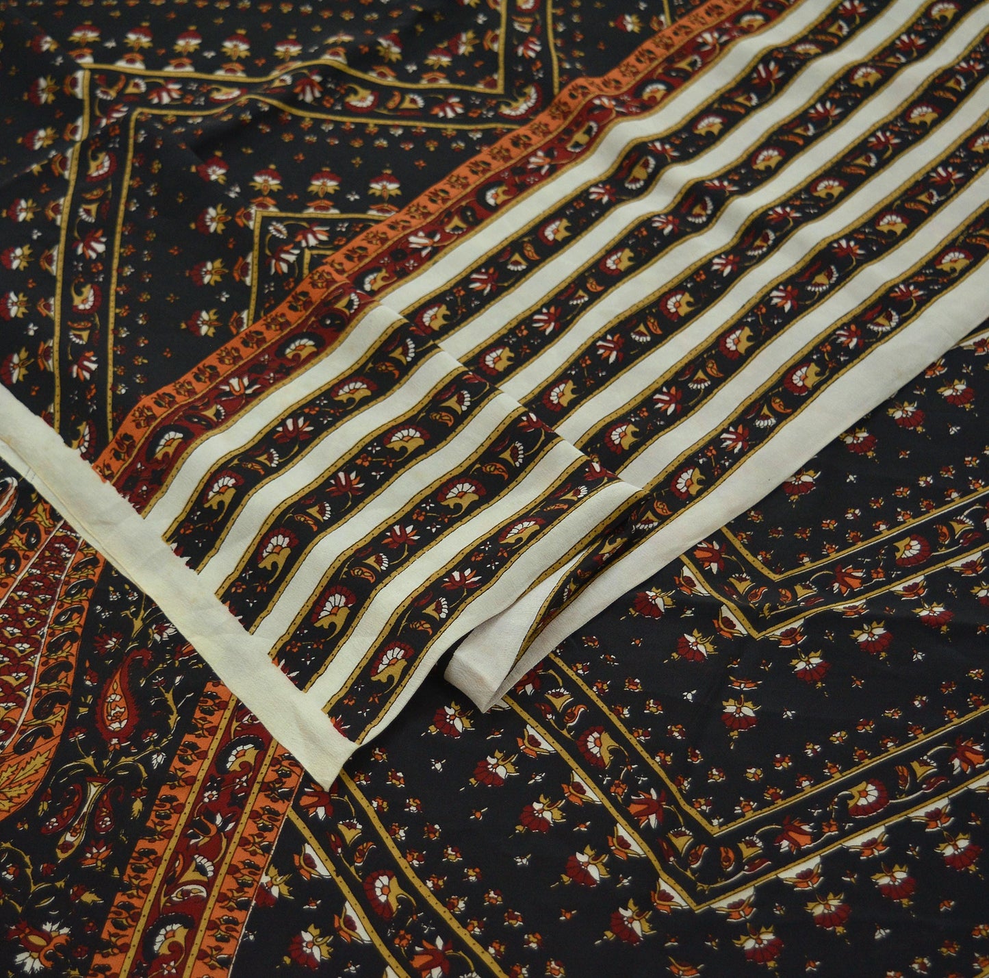 Indian Vintage Sari Black Pure Crepe Silk Printed Sarees 5yd Sewing Craft Fabric Soft Wrap Upcycle Crafting Dress Designing Quilting Paisley