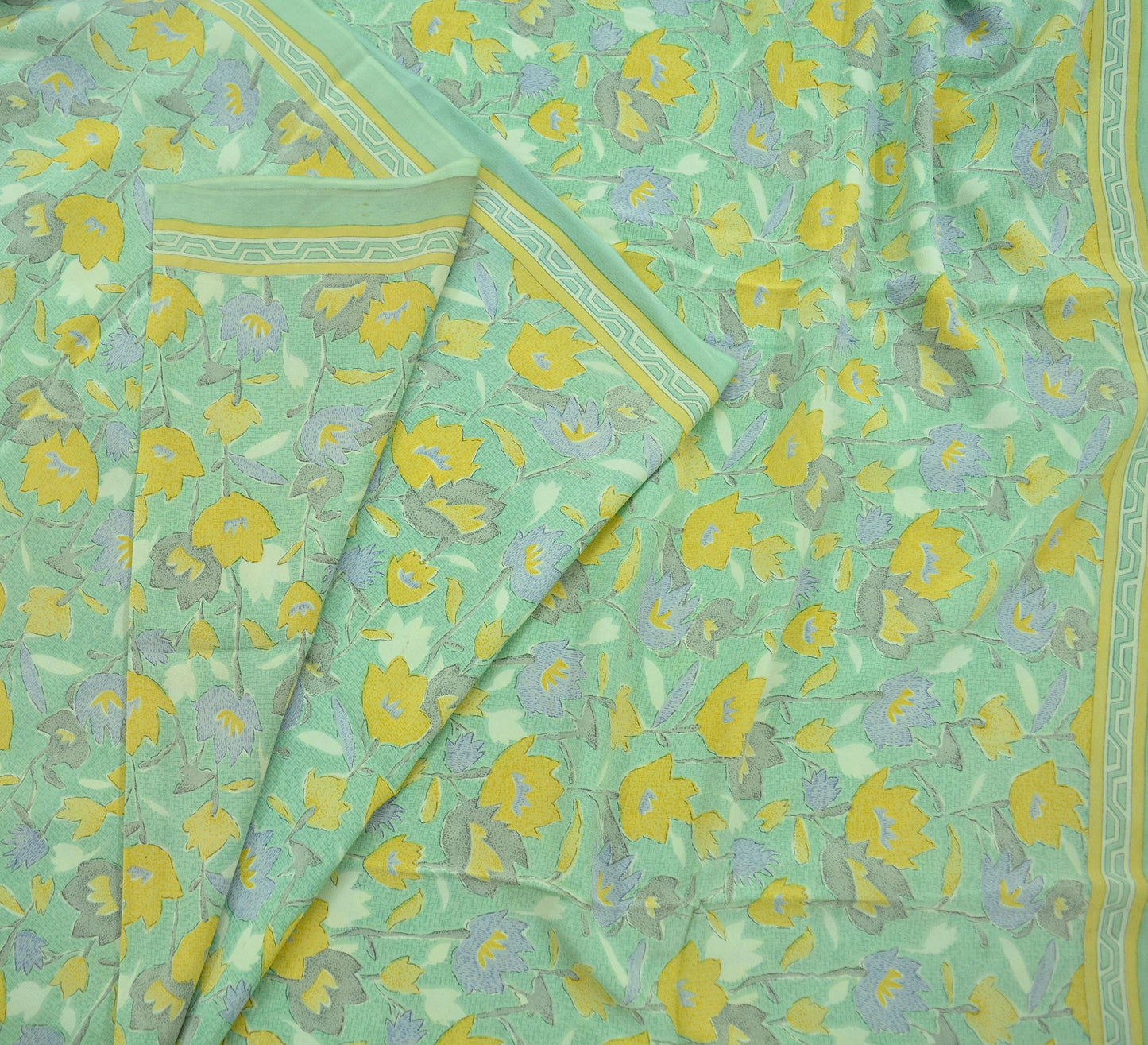 Indian Vintage Sari Green Pure Crepe Silk Printed Sarees 5yd Sewing Craft Fabric Floral Soft Wrap Quilting Dress Making Upcycle Crafting