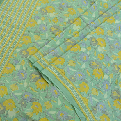 Indian Vintage Sari Green Pure Crepe Silk Printed Sarees 5yd Sewing Craft Fabric Floral Soft Wrap Quilting Dress Making Upcycle Crafting