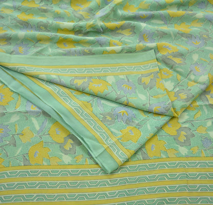 Indian Vintage Sari Green Pure Crepe Silk Printed Sarees 5yd Sewing Craft Fabric Floral Soft Wrap Quilting Dress Making Upcycle Crafting