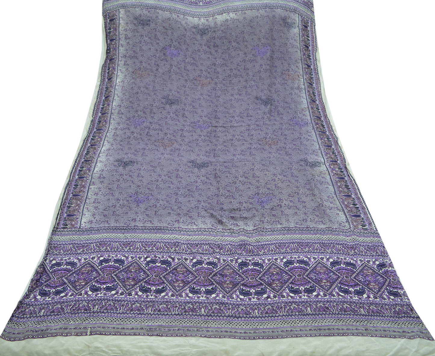 Women Indian Vintage Purple & Ivory Dupatta Long Stole Pure Crepe silk Printed Embroidered Dupatta Veil Scarves soft Boho Wrap