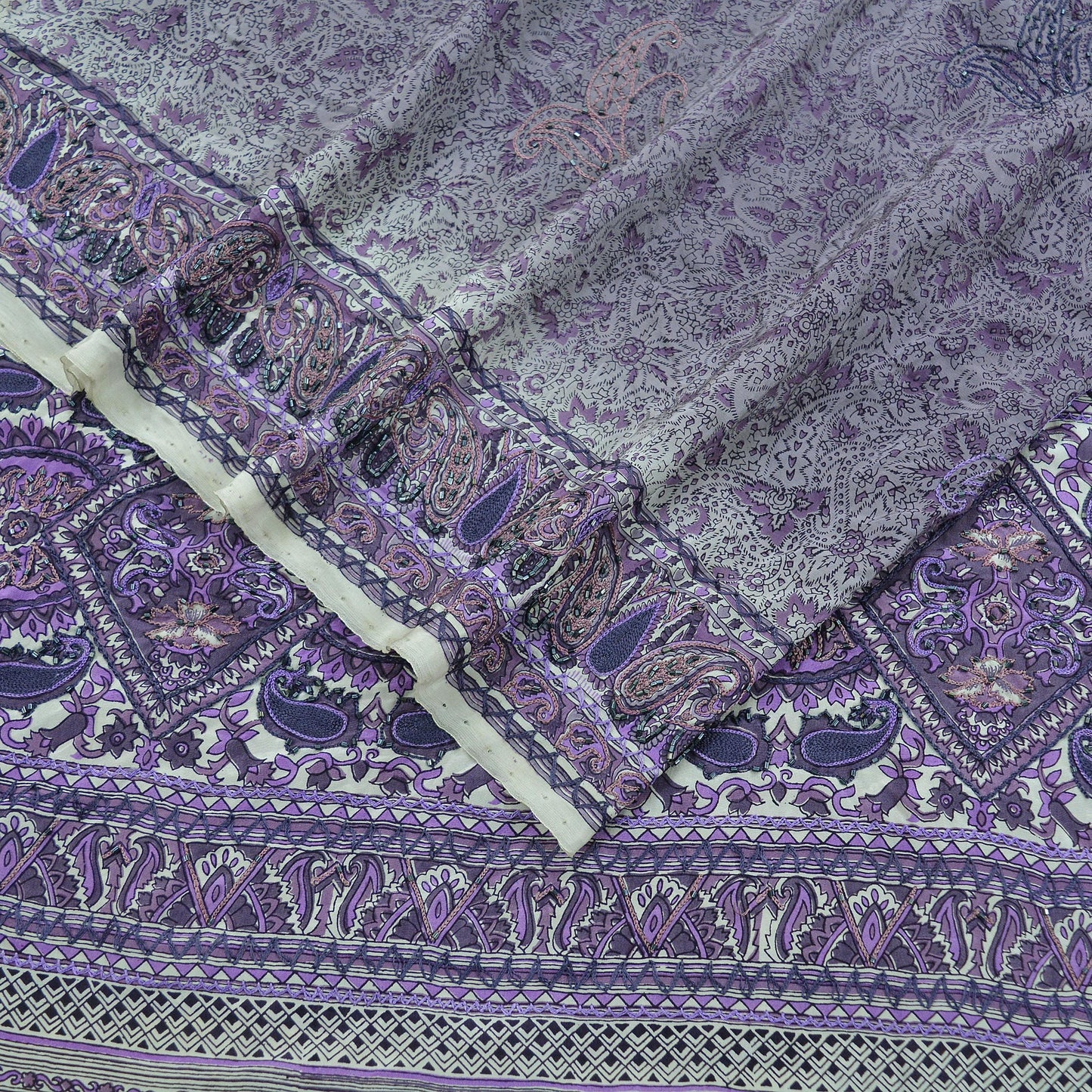 Women Indian Vintage Purple & Ivory Dupatta Long Stole Pure Crepe silk Printed Embroidered Dupatta Veil Scarves soft Boho Wrap