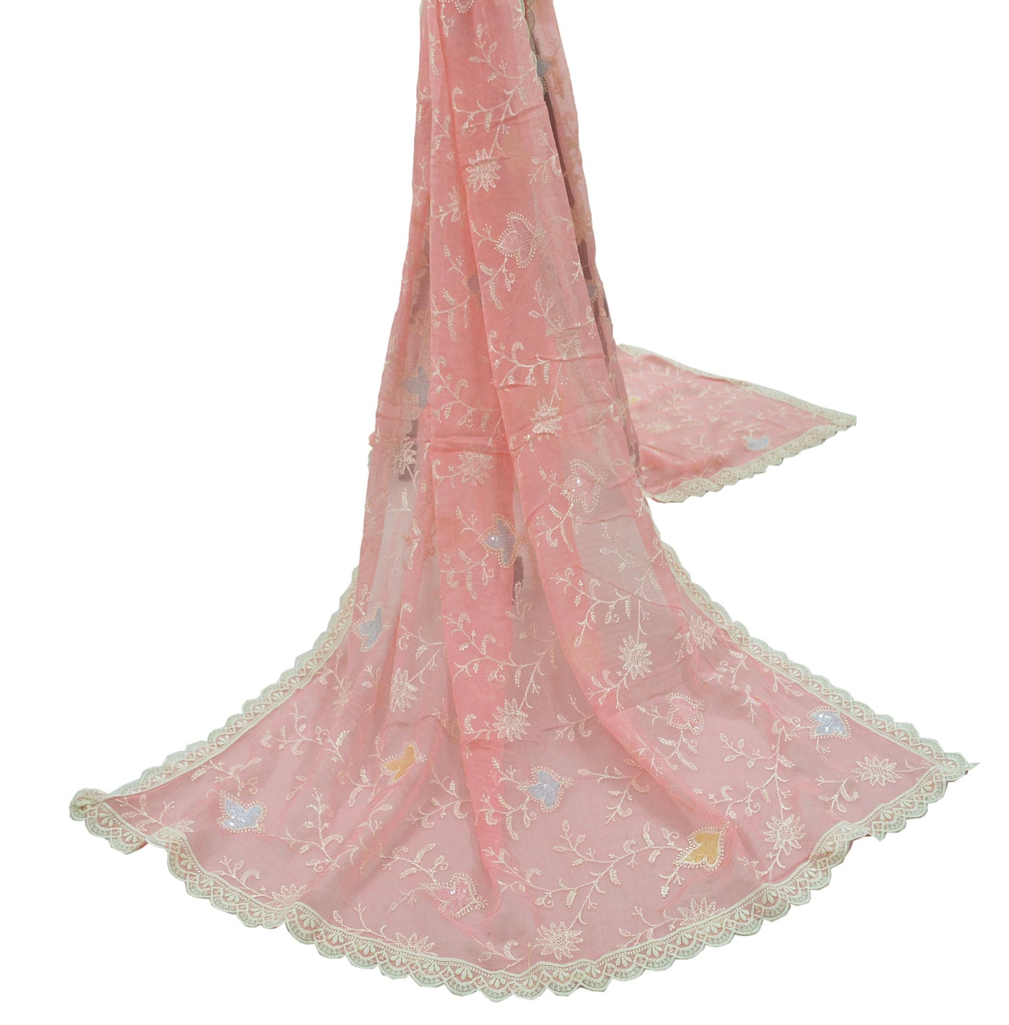 Indian Vintage Pink Dupatta Blend Chiffon Long Stole Embroidered Scarves Floral Design Stole Veil Wrap