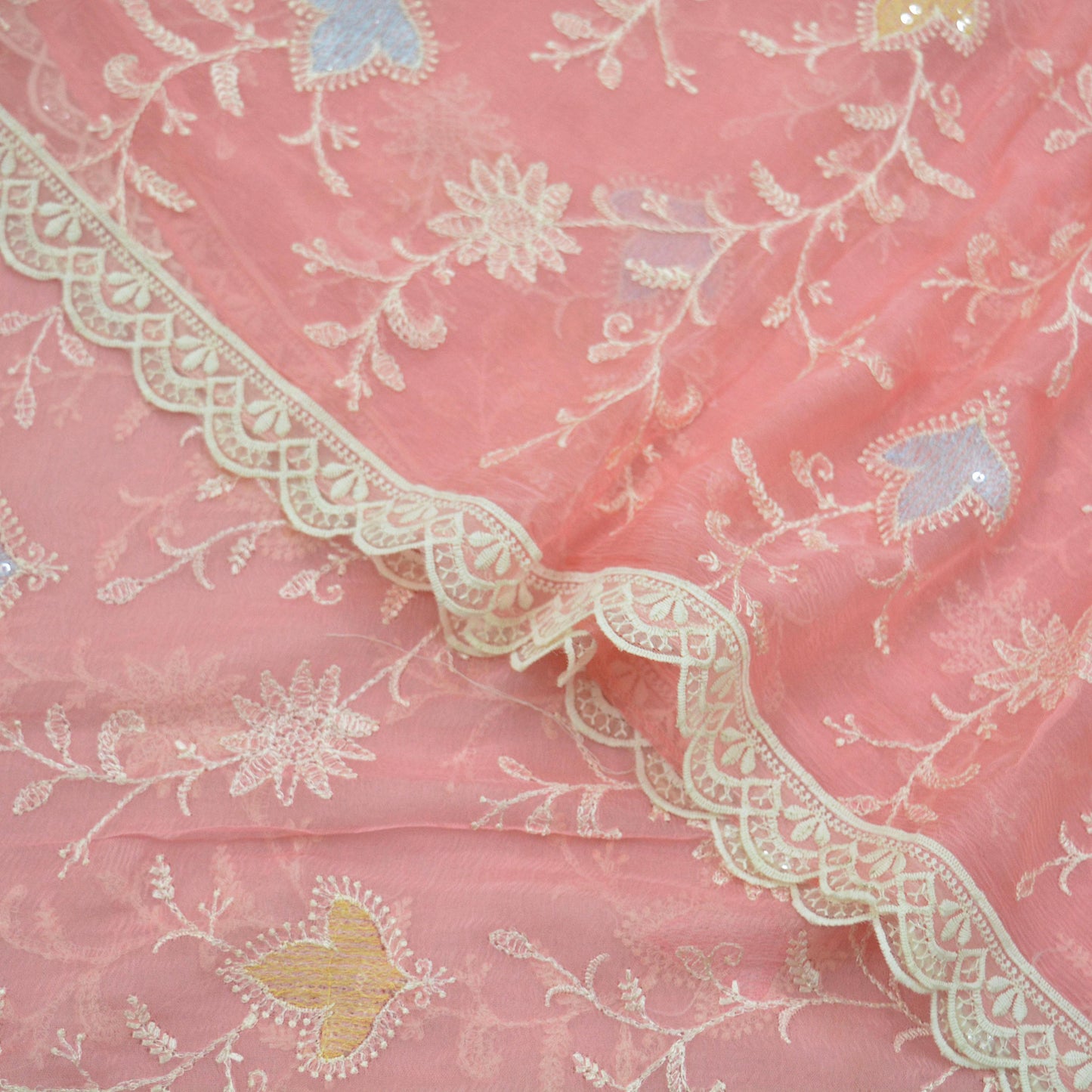 Indian Vintage Pink Dupatta Blend Chiffon Long Stole Embroidered Scarves Floral Design Stole Veil Wrap