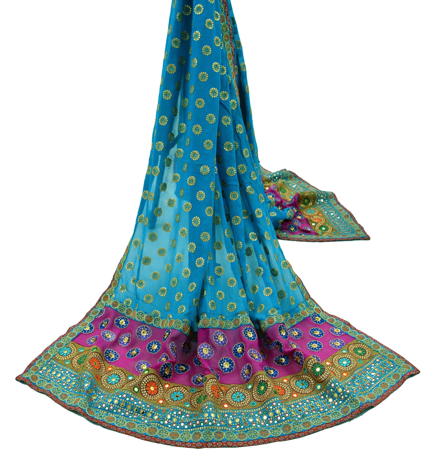 Indian Vintage Blue Dupatta Pure Georgette silk Long Stole Hand Embroidered Scarves Stole Veil Wrap Sequins