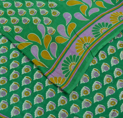 Indian Vintage Green Saree Printed Pure Cotton Indian Sari Craft Soft Fabric 5Yard Sewing Sarong Wrap Boho Floral