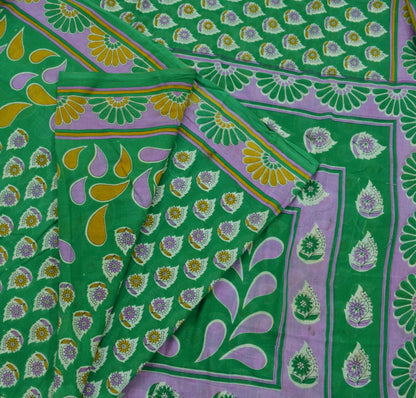 Indian Vintage Green Saree Printed Pure Cotton Indian Sari Craft Soft Fabric 5Yard Sewing Sarong Wrap Boho Floral