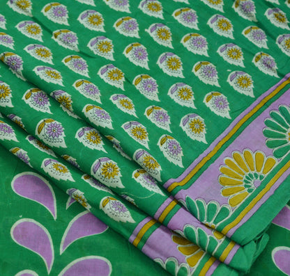 Indian Vintage Green Saree Printed Pure Cotton Indian Sari Craft Soft Fabric 5Yard Sewing Sarong Wrap Boho Floral