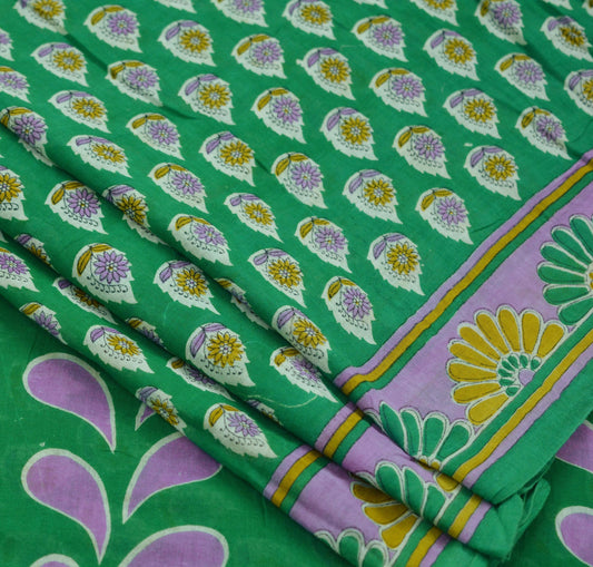 Indian Vintage Green Saree Printed Pure Cotton Indian Sari Craft Soft Fabric 5Yard Sewing Sarong Wrap Boho Floral