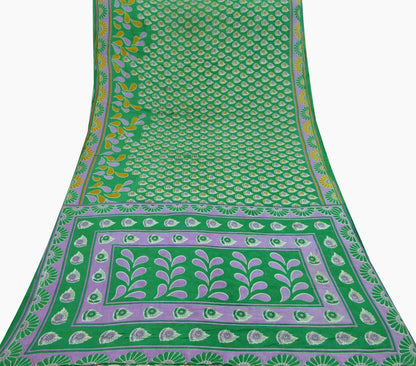 Indian Vintage Green Saree Printed Pure Cotton Indian Sari Craft Soft Fabric 5Yard Sewing Sarong Wrap Boho Floral