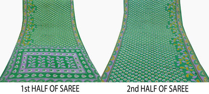 Indian Vintage Green Saree Printed Pure Cotton Indian Sari Craft Soft Fabric 5Yard Sewing Sarong Wrap Boho Floral
