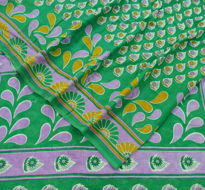 Indian Vintage Green Saree Printed Pure Cotton Indian Sari Craft Soft Fabric 5Yard Sewing Sarong Wrap Boho Floral