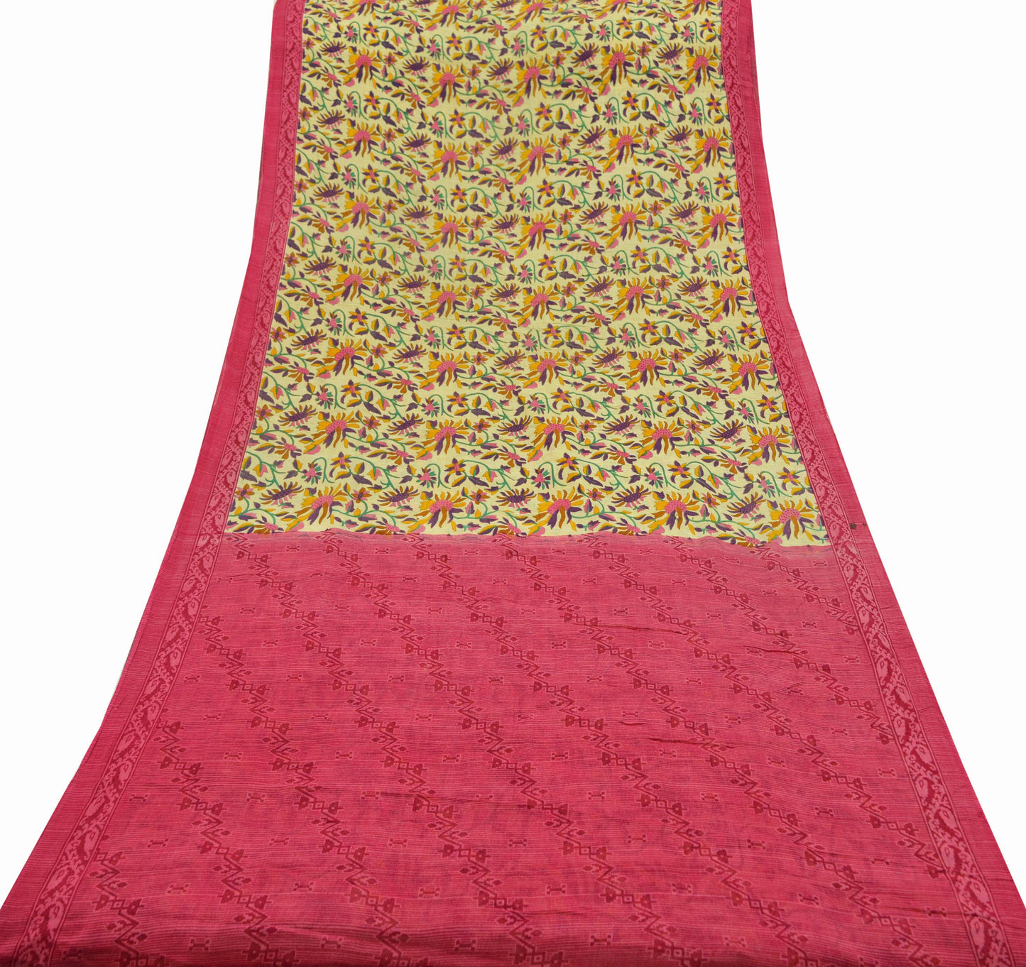 Indian Vintage Pink & Beige Saree Printed 100% Pure Cotton Sari Craft Fabric 5Yd Soft Sewing Sarong Wrap Floral Dress making Quilting