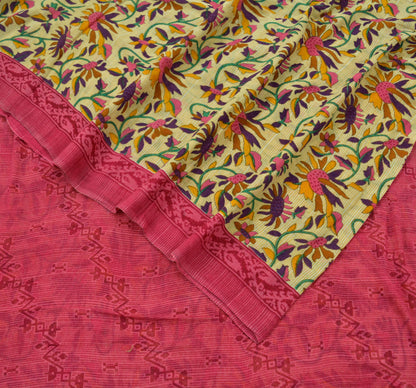 Indian Vintage Pink & Beige Saree Printed 100% Pure Cotton Sari Craft Fabric 5Yd Soft Sewing Sarong Wrap Floral Dress making Quilting