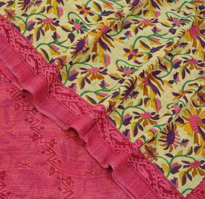 Indian Vintage Pink & Beige Saree Printed 100% Pure Cotton Sari Craft Fabric 5Yd Soft Sewing Sarong Wrap Floral Dress making Quilting