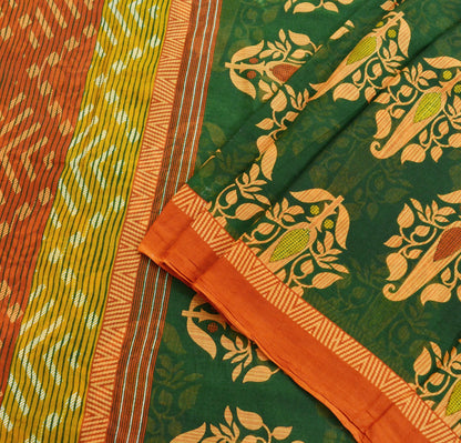 Indian Vintage Green & Rusty Saree Printed Pure Cotton Sari Craft Fabric Soft 5Yd Sewing Sarong Wrap Boho Floral Dress Making Quilting