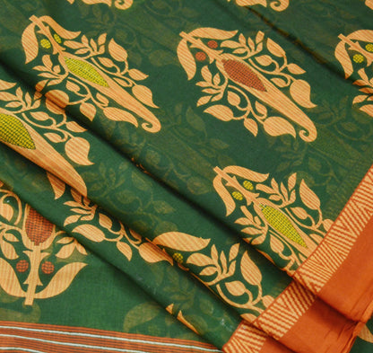 Indian Vintage Green & Rusty Saree Printed Pure Cotton Sari Craft Fabric Soft 5Yd Sewing Sarong Wrap Boho Floral Dress Making Quilting