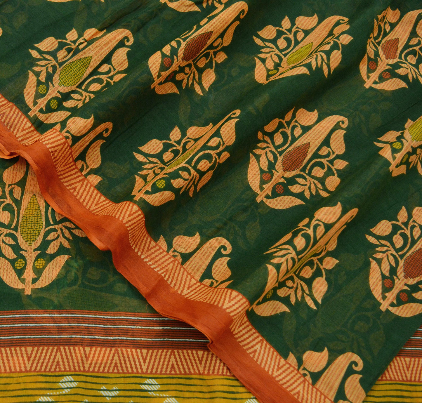 Indian Vintage Green & Rusty Saree Printed Pure Cotton Sari Craft Fabric Soft 5Yd Sewing Sarong Wrap Boho Floral Dress Making Quilting