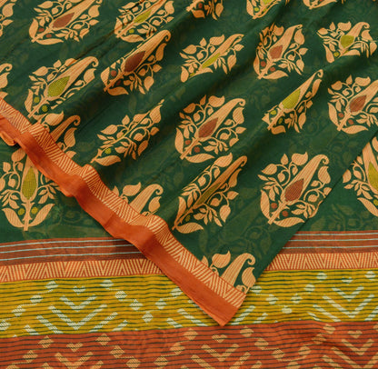 Indian Vintage Green & Rusty Saree Printed Pure Cotton Sari Craft Fabric Soft 5Yd Sewing Sarong Wrap Boho Floral Dress Making Quilting