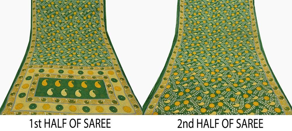 Indian Vintage Green Saree Printed Pure Cotton Indian Sari Craft Soft Fabric 5Yard Sewing Sarong Wrap Boho Floral