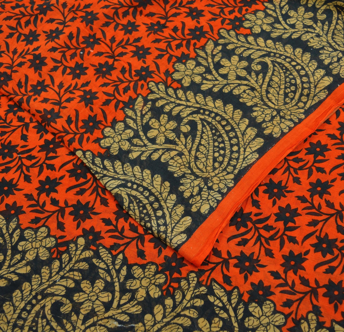 Indian Vintage Sari Black & Orange Printed Pure Cotton Saree Craft Fabric Soft Floral 5Yd Sarong Wrap Boho Kimono Soft Dress making Quilting