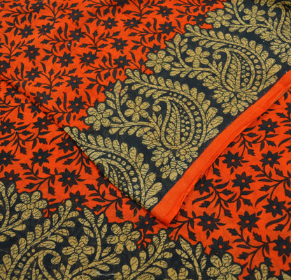 Indian Vintage Sari Black & Orange Printed Pure Cotton Saree Craft Fabric Soft Floral 5Yd Sarong Wrap Boho Kimono Soft Dress making Quilting