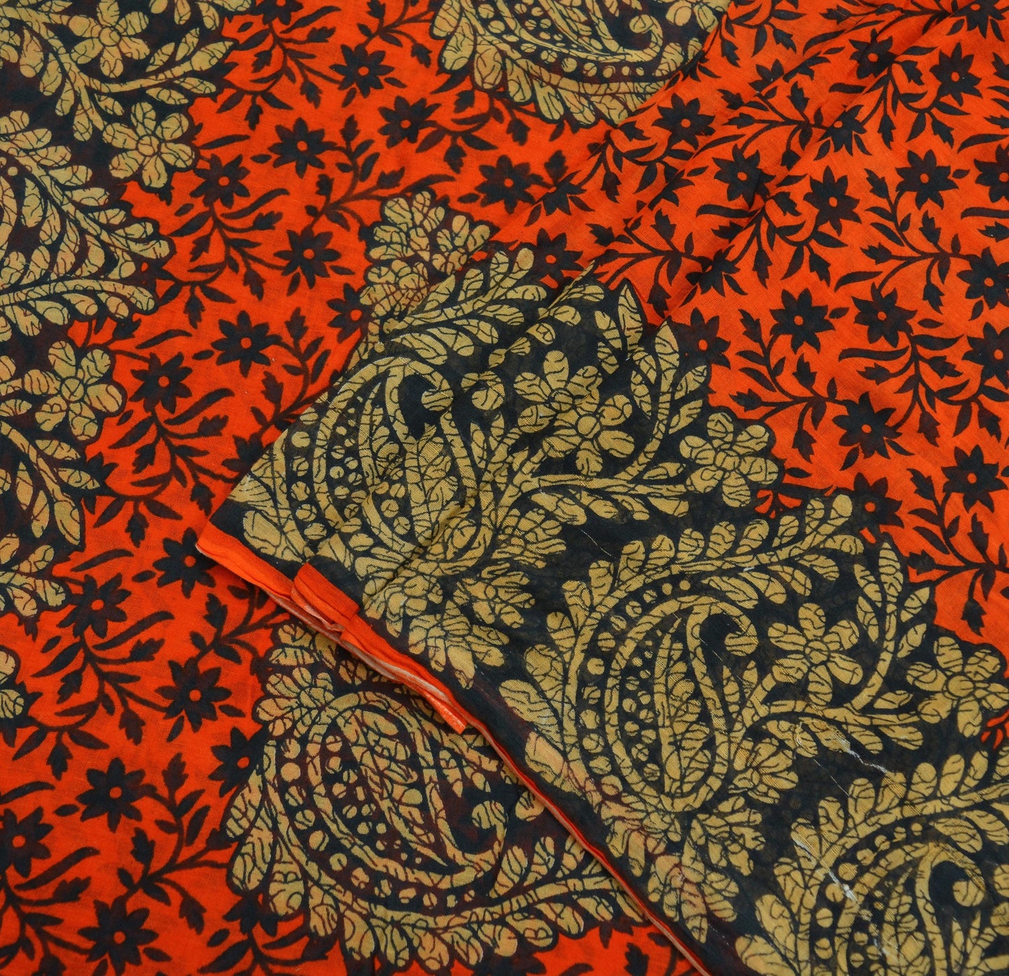 Indian Vintage Sari Black & Orange Printed Pure Cotton Saree Craft Fabric Soft Floral 5Yd Sarong Wrap Boho Kimono Soft Dress making Quilting