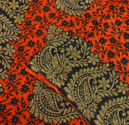 Indian Vintage Sari Black & Orange Printed Pure Cotton Saree Craft Fabric Soft Floral 5Yd Sarong Wrap Boho Kimono Soft Dress making Quilting