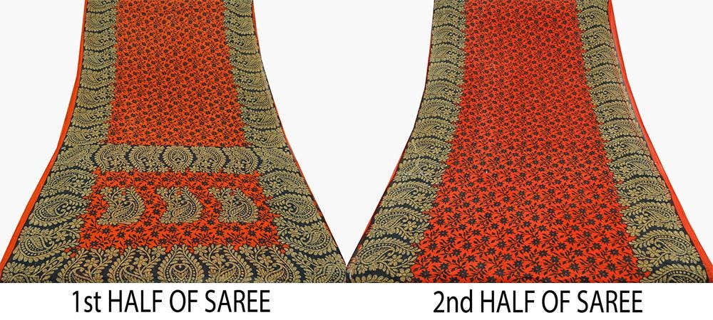 Indian Vintage Sari Black & Orange Printed Pure Cotton Saree Craft Fabric Soft Floral 5Yd Sarong Wrap Boho Kimono Soft Dress making Quilting