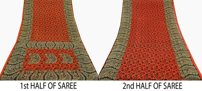 Indian Vintage Sari Black & Orange Printed Pure Cotton Saree Craft Fabric Soft Floral 5Yd Sarong Wrap Boho Kimono Soft Dress making Quilting