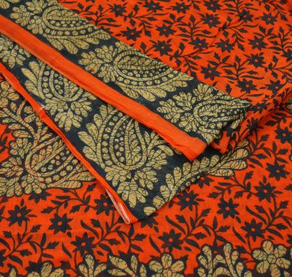 Indian Vintage Sari Black & Orange Printed Pure Cotton Saree Craft Fabric Soft Floral 5Yd Sarong Wrap Boho Kimono Soft Dress making Quilting