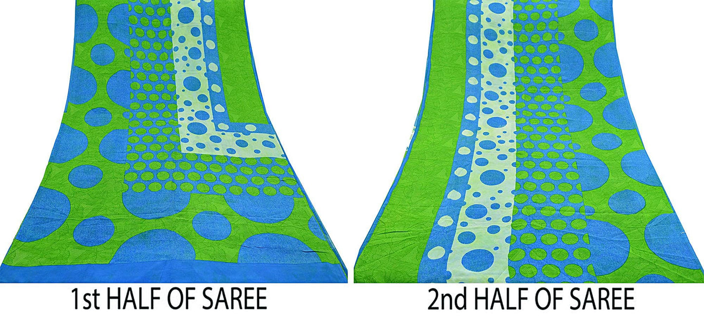 Indian Vintage Sari Blue & Green Pure Crepe Silk Printed Saree 5yd Sewing Soft Craft Fabric Wrap Dress making Quilting Crafting Upcycle