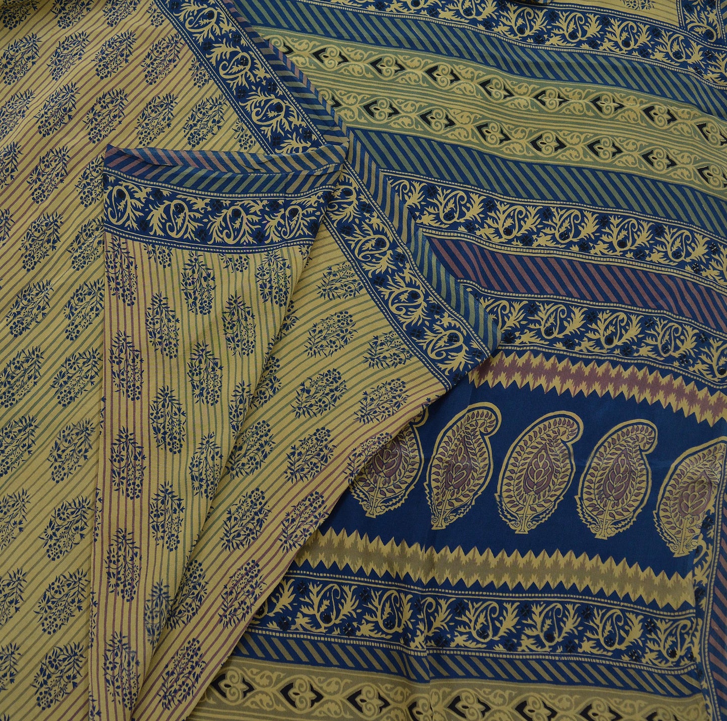 Indian Vintage Beige & Blue Saree Pure Crepe Silk Printed Sari 5yd Sewing Paisley Soft Craft Fabric Wrap Dress Making Quilting Crafting