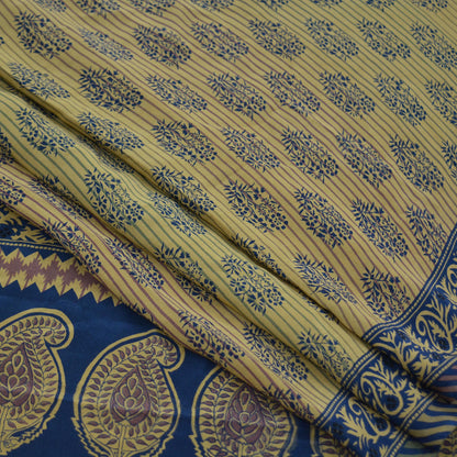 Indian Vintage Beige & Blue Saree Pure Crepe Silk Printed Sari 5yd Sewing Paisley Soft Craft Fabric Wrap Dress Making Quilting Crafting