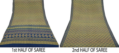 Indian Vintage Beige & Blue Saree Pure Crepe Silk Printed Sari 5yd Sewing Paisley Soft Craft Fabric Wrap Dress Making Quilting Crafting