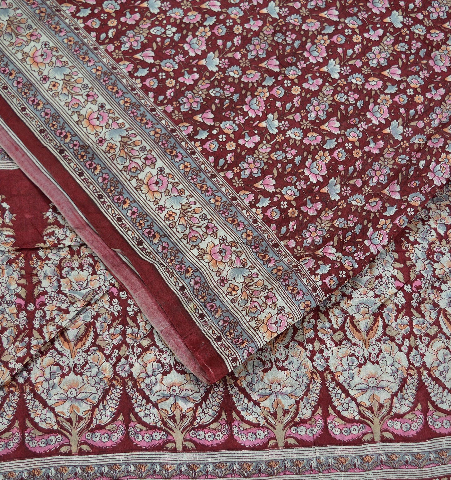 Indian Vintage Sari Maroon 100% Pure Silk Printed Sarees 5yd Craft Fabric Sewing Soft Dress Making Floral Quilting Crafting Upcycle Used